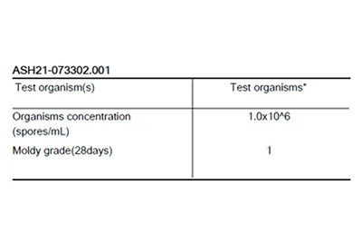 Mold resistance test report showing mold grade 1 after 28 days