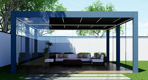 Aluminum pergola with glass walls for semi-enclosed patio and hotel leisure areas