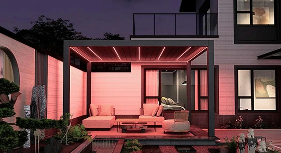 Aluminum pergola with integrated LED lighting for villa patio and night outdoor use