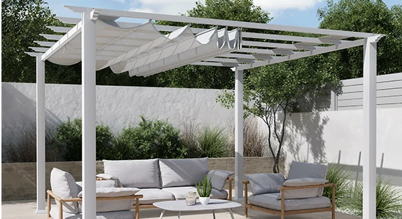 Aluminum pergola with retractable roof for patio dining and flexible outdoor use