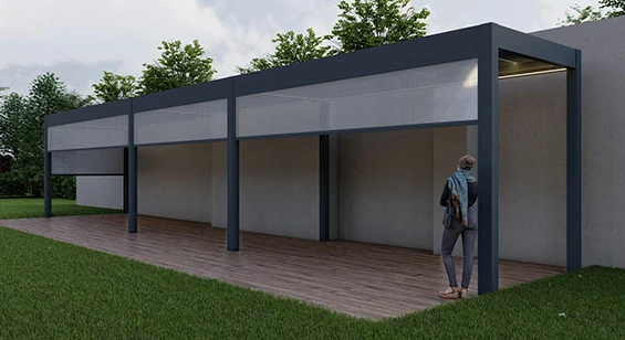 Wall mounted aluminum pergola attached to house for terrace and outdoor extension