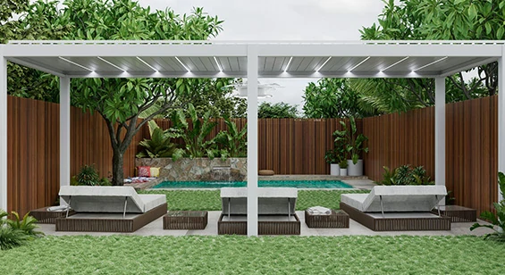 Motorized aluminum pergola for villas, hotels, and premium outdoor living spaces