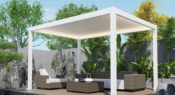 Louvered aluminum pergola with adjustable roof for patio, terrace, and garden shade