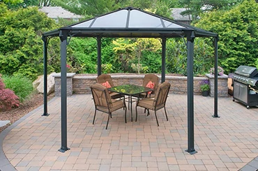Hexagonal aluminum gazebo for garden centerpiece and outdoor relaxation area
