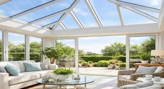 Solarium with extensive glazing for natural light and scenic views, perfect for gardens and relaxation zones