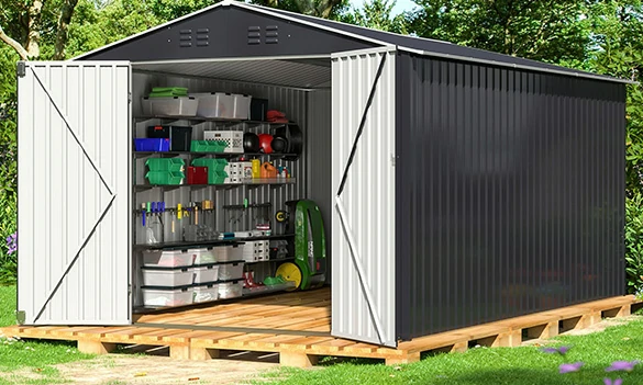 Outdoor storage shed for tools, garden supplies, and backyard equipment storage