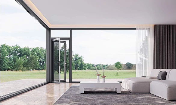 Slimline sliding patio doors connecting living room and garden