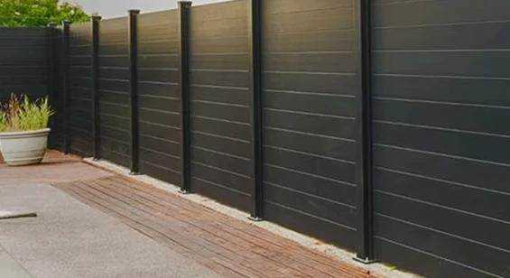 Full privacy aluminum fence panel with interlocking horizontal slats for stronger visual screening