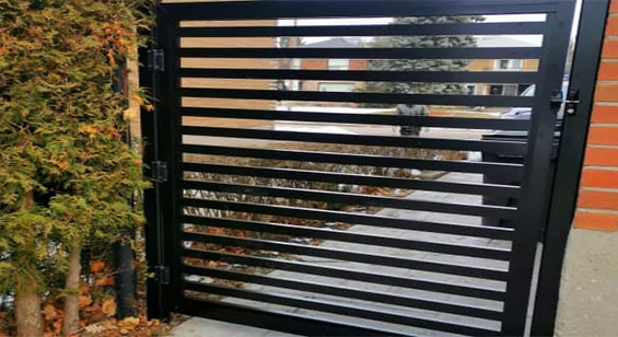 Semi-private aluminum screen gate with slat spacing for patio, garden and hospitality entrances
