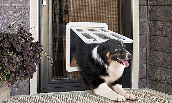 Aluminum screen door with pet door for cats, dogs, and backyard access