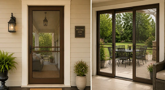 Brown aluminum screen door for traditional porch and patio openings