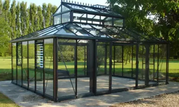 Toughened glass aluminum greenhouse with aluminum frame, roof glass, and wall glass