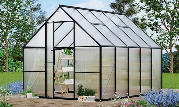 Polycarbonate aluminum greenhouse with aluminum frame, H channels, and U channels