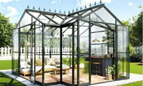 Aluminum glass greenhouse with glazing bars, sealed glass panels, and gutter system