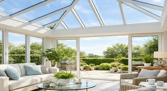 Glass sunroom with aluminum frame and panoramic glass walls