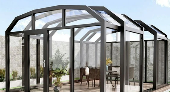 Retractable glass sunroom with sliding glass walls and opening roof