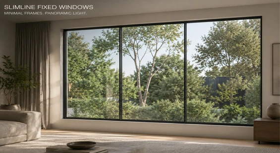 Slimline fixed aluminium window with large glass area for modern facade