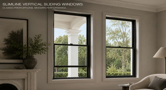 Slimline vertical sliding aluminium window for heritage style renovation