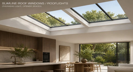 Slimline aluminium rooflight window for loft extension and roof daylighting