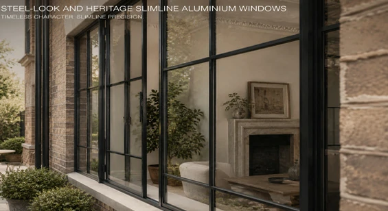 Steel look slimline aluminium window with black frame and heritage glazing bars
