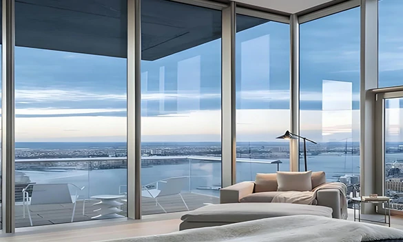 Slimline aluminium windows for modern villa with large glass view