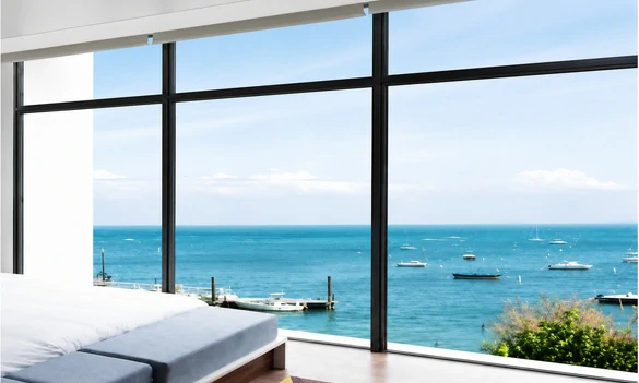 Slimline aluminium windows for coastal building with weather resistant finish
