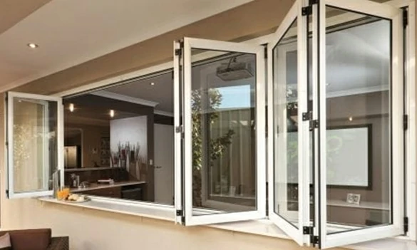 Aluminum bifold window for patio and outdoor living space with wide opening and natural light
