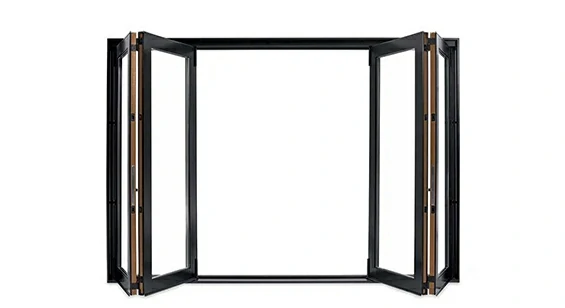 Bi-parting aluminum bifold window with panels folding to both sides