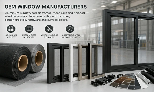 Aluminum window screen frames and mesh rolls for OEM window manufacturers