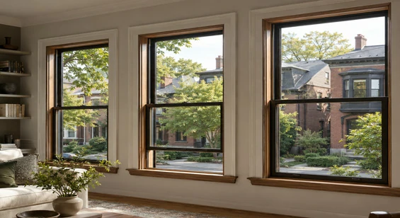 Aluminum clad awning window with wood interior for ventilation area