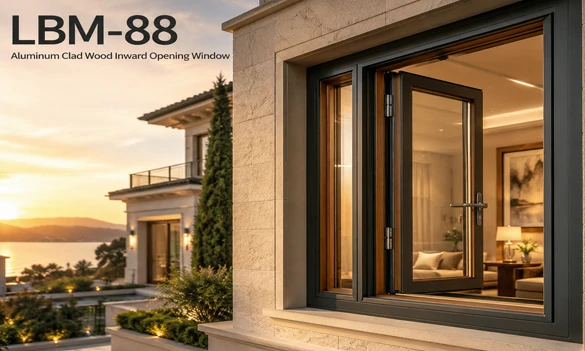 LBM-88 aluminum clad wood inward opening window for residential villa and replacement project