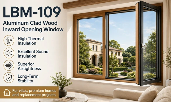 LBM-109 aluminum clad wood inward opening window with wood interior for villa and replacement projects
