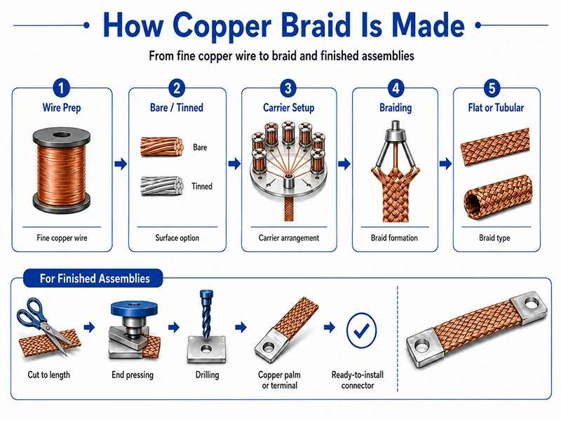 Copper braid manufacturing process from wire preparation to flat or tubular braid and finished assemblies