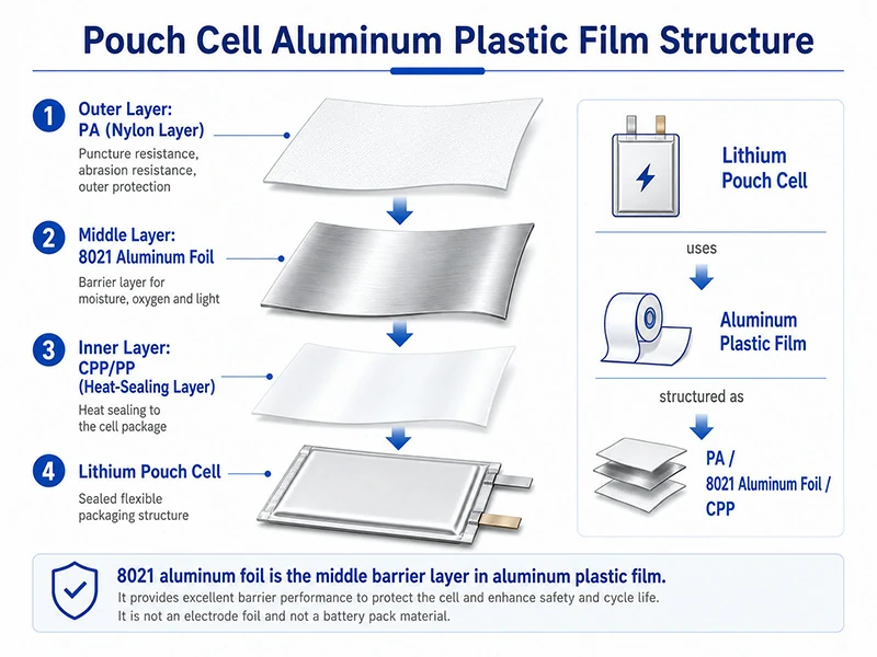 Pouch cell aluminum plastic film structure with PA, 8021 aluminum foil, and CPP layers