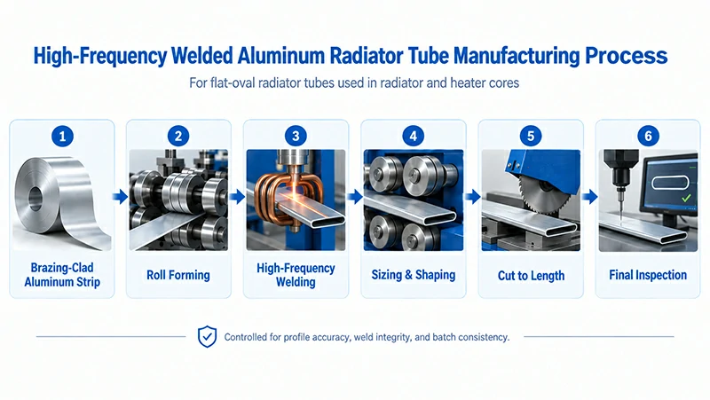 High-frequency welded aluminum radiator tube manufacturing process for flat-oval radiator tubes