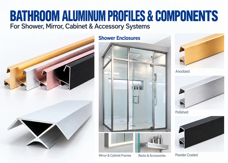 Bathroom aluminum profiles and components for shower enclosures, mirror frames, racks and accessories