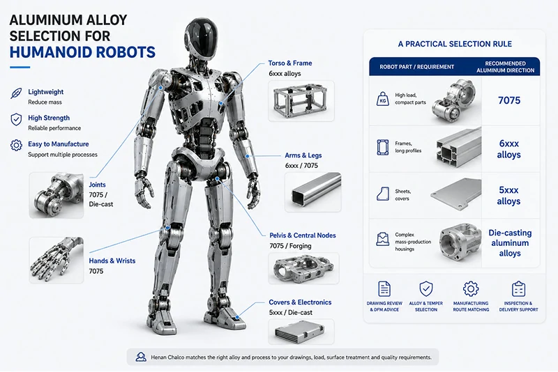 humanoid robot aluminum alloy selection diagram showing 7075-T6, 6xxx, 5xxx and die-casting alloys by component