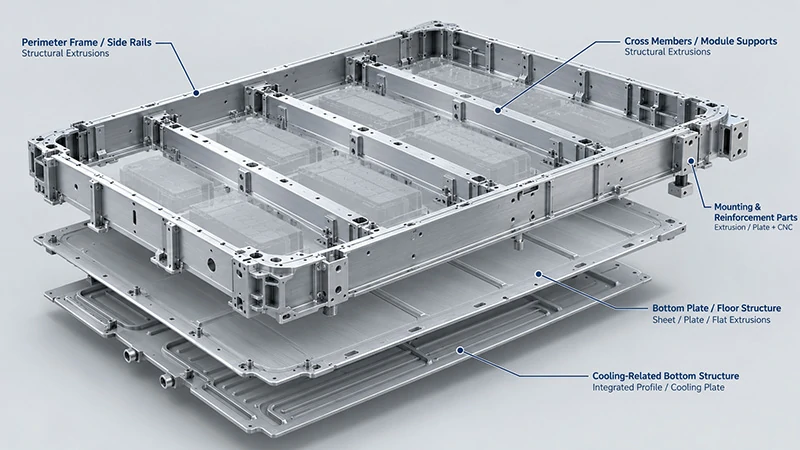 Aluminum EV battery tray structure with frame extrusions, bottom plate, cross members, and cooling plate design
