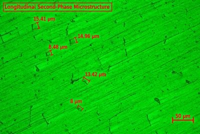 Longitudinal second-phase microstructure of aluminum alloy showing particle size measurements