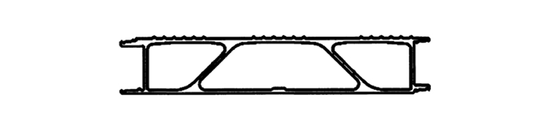 Cross section view of three-holes decking panel aluminum profile