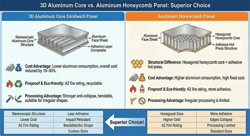 3D aluminum core sandwich panel vs. aluminum honeycomb panel
