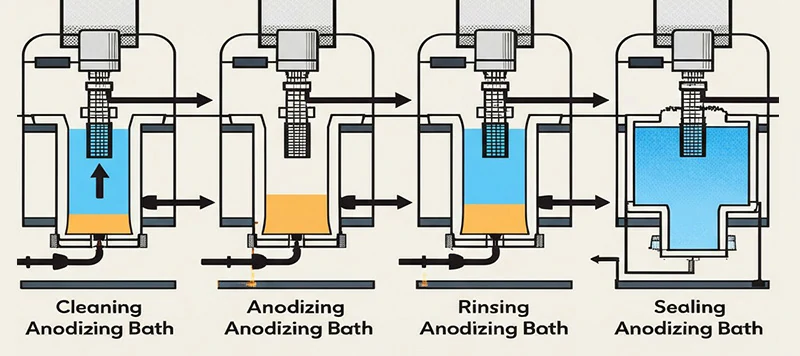 Anodizing process diagram showing cleaning, anodizing, rinsing, and sealing baths