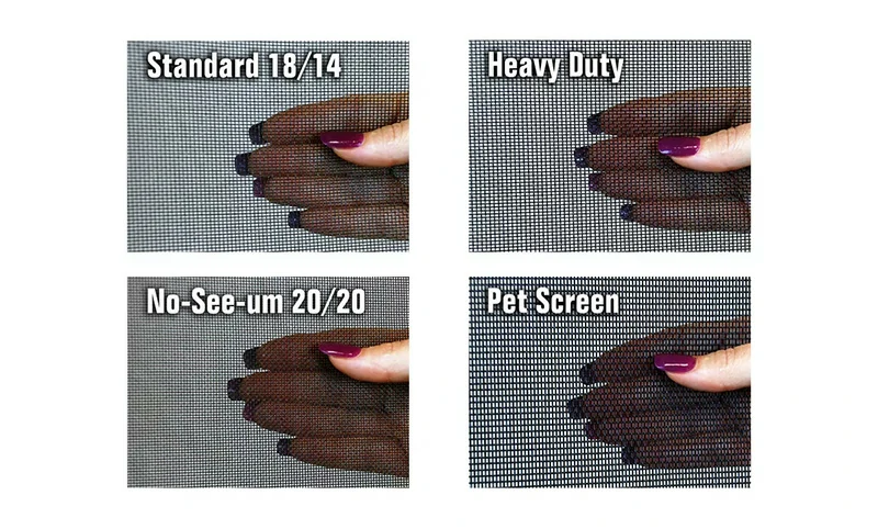 Standard, heavy duty, no-see-um and pet screen mesh options for aluminum screen doors
