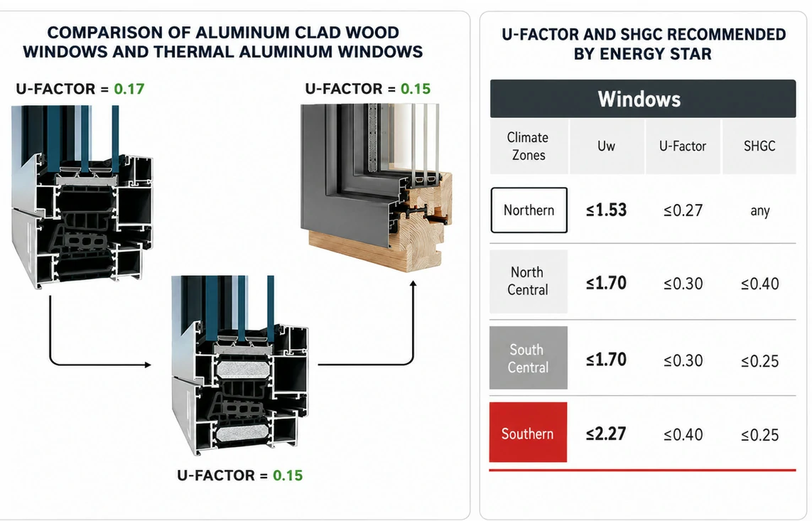 U-factor comparison of aluminum clad wood windows and thermal aluminum windows with ENERGY STAR climate zone U-factor and SHGC recommendations