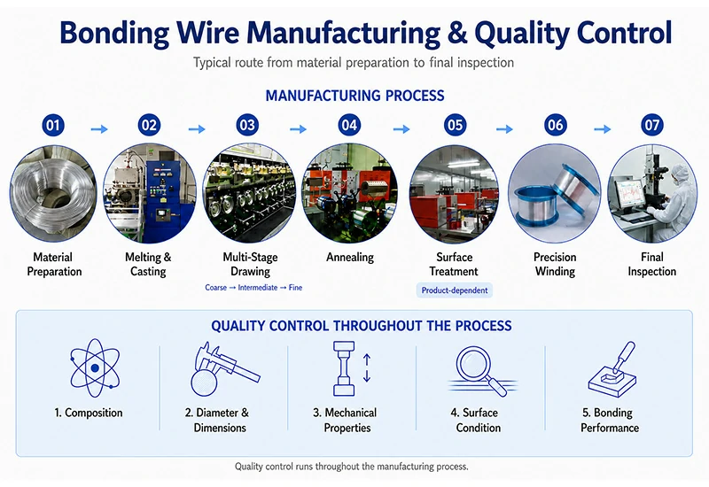 The bonding wire manufacturing process includes melting, drawing, annealing, winding, and quality control.