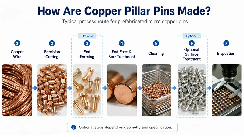 Copper pillar pin manufacturing process from wire cutting and forming to cleaning and inspection